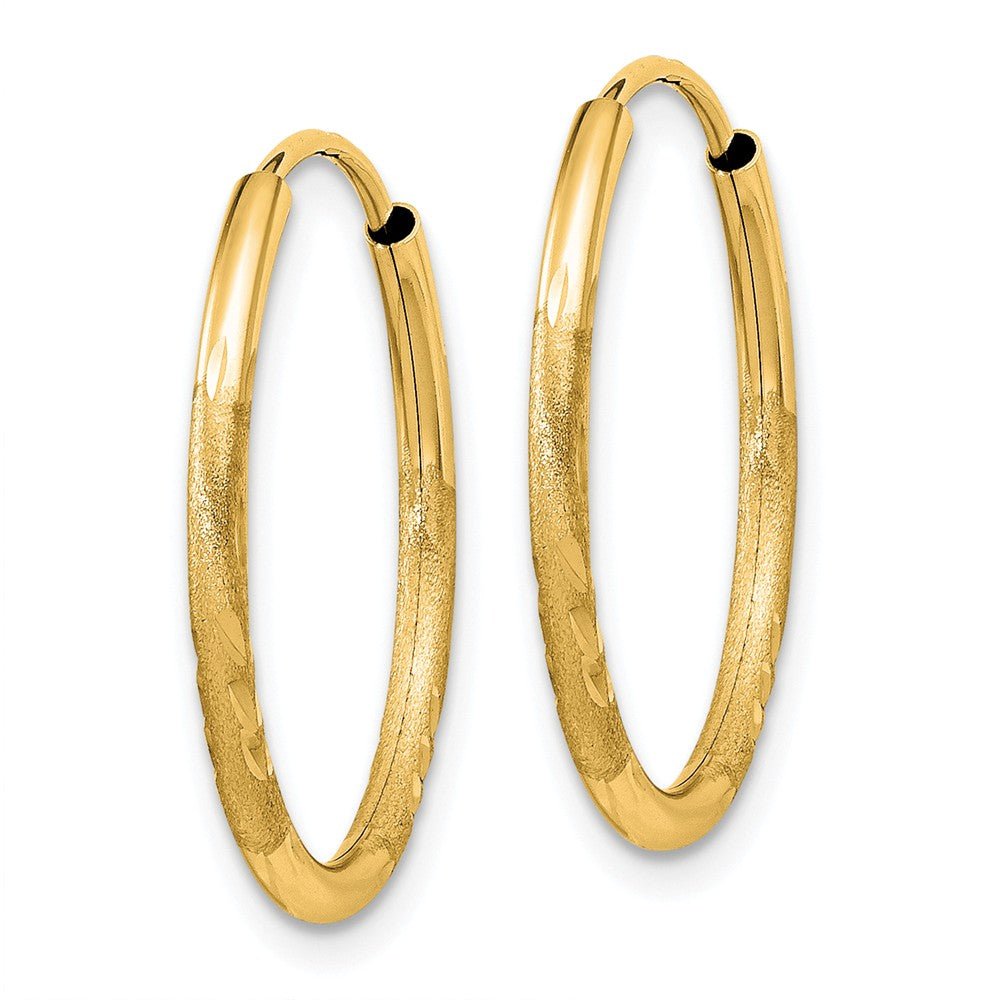 Alternate view of the 1.5mm x 20mm 14k Yellow Gold Satin Diamond-Cut Endless Hoop Earrings by The Black Bow Jewelry Co.