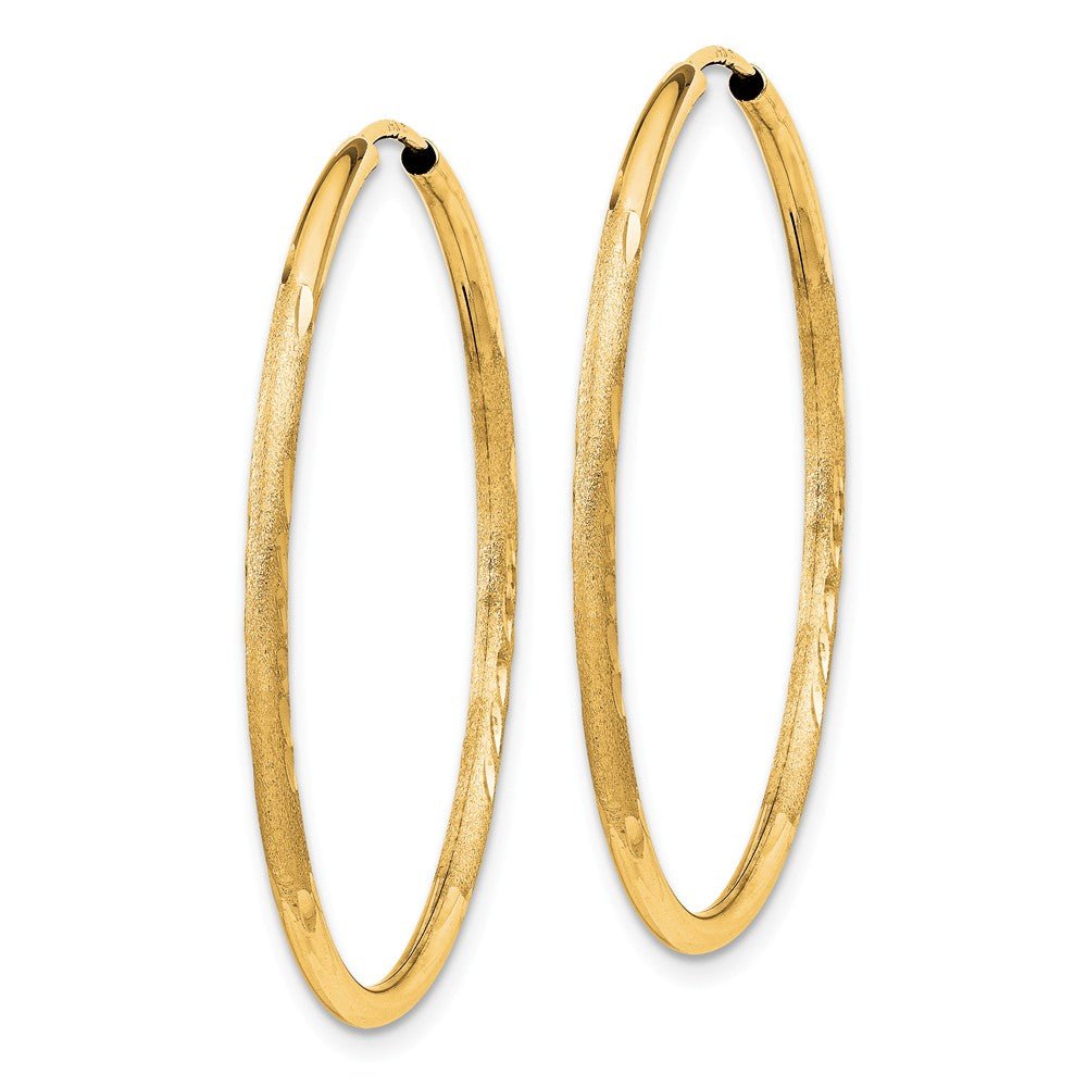 Alternate view of the 1.5mm x 33mm 14k Yellow Gold Satin Diamond-Cut Endless Hoop Earrings by The Black Bow Jewelry Co.