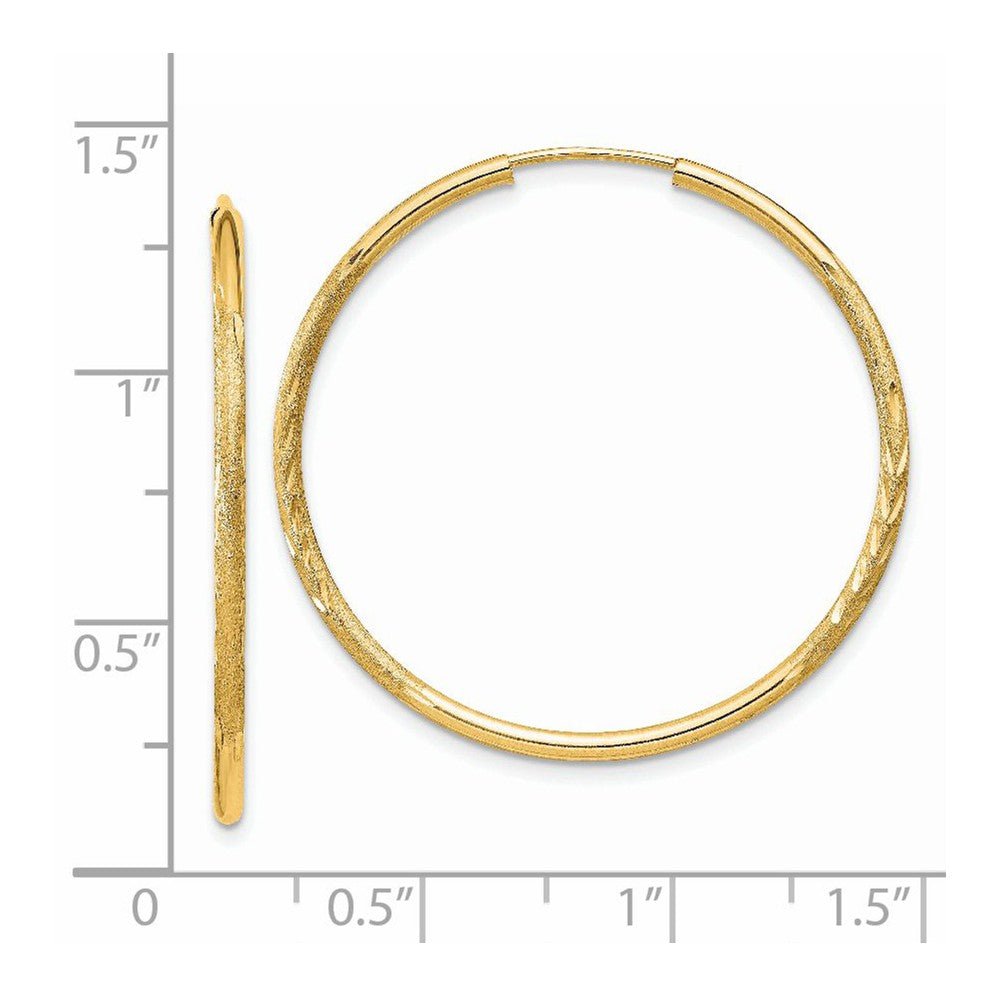 Alternate view of the 1.5mm x 33mm 14k Yellow Gold Satin Diamond-Cut Endless Hoop Earrings by The Black Bow Jewelry Co.