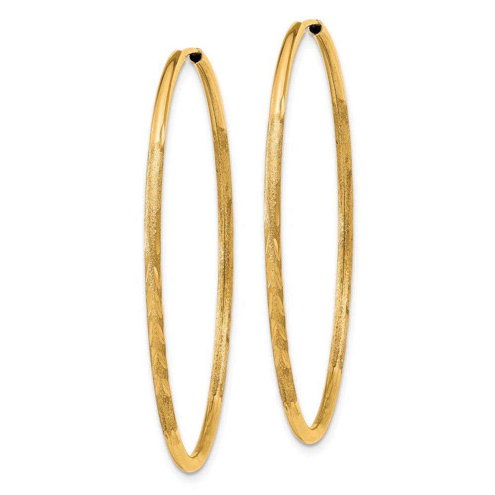 Alternate view of the 1.5mm x 42mm 14k Yellow Gold Satin Diamond-Cut Endless Hoop Earrings by The Black Bow Jewelry Co.