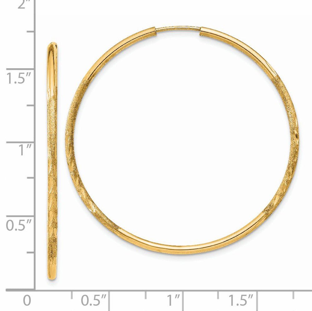 Alternate view of the 1.5mm x 42mm 14k Yellow Gold Satin Diamond-Cut Endless Hoop Earrings by The Black Bow Jewelry Co.