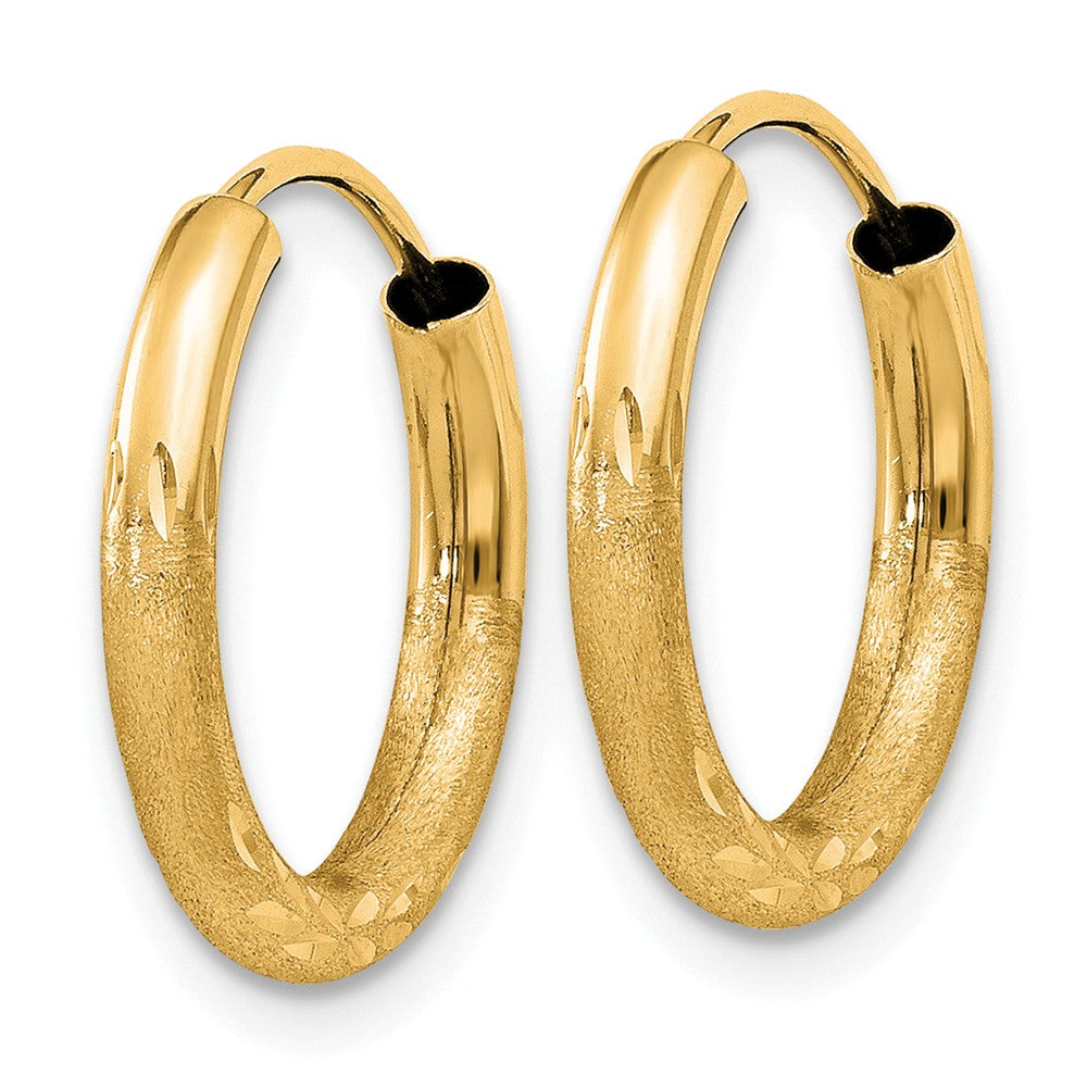 Alternate view of the 2mm x 14mm 14k Yellow Gold Satin Diamond-Cut Endless Hoop Earrings by The Black Bow Jewelry Co.