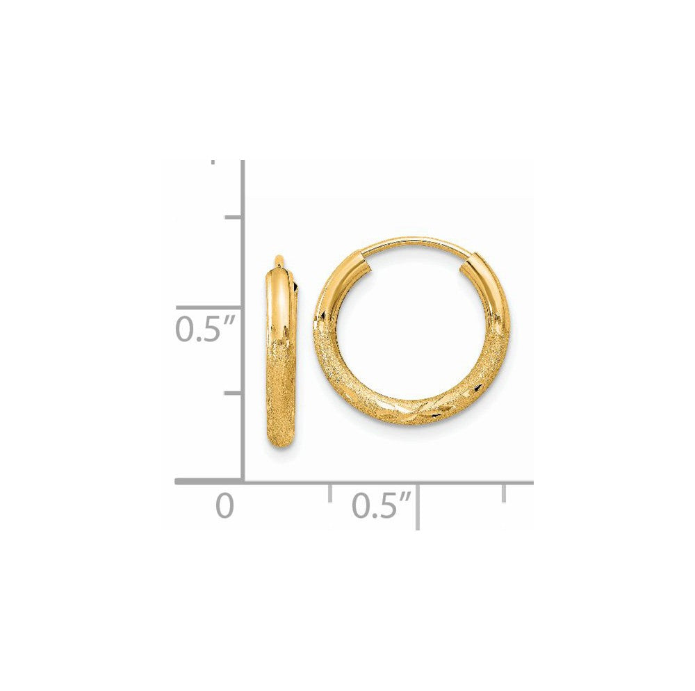 Alternate view of the 2mm x 14mm 14k Yellow Gold Satin Diamond-Cut Endless Hoop Earrings by The Black Bow Jewelry Co.