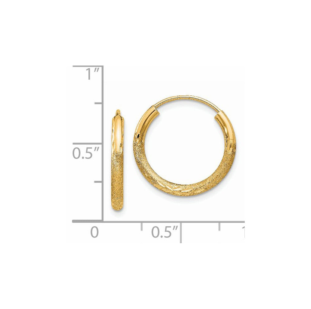 Alternate view of the 2mm x 13mm 14k Yellow Gold Satin Diamond-Cut Endless Hoop Earrings by The Black Bow Jewelry Co.