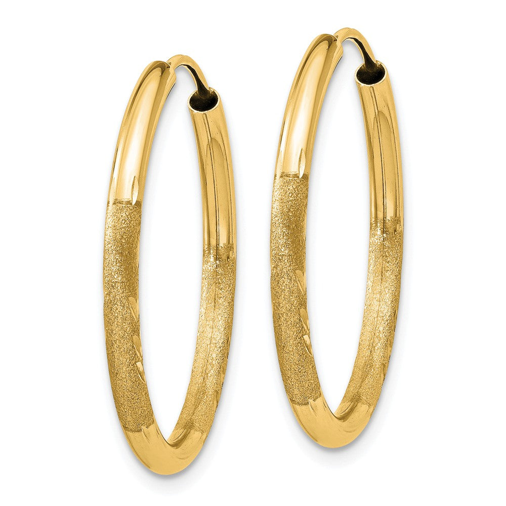 Alternate view of the 2mm x 25mm 14k Yellow Gold Satin Diamond-Cut Endless Hoop Earrings by The Black Bow Jewelry Co.