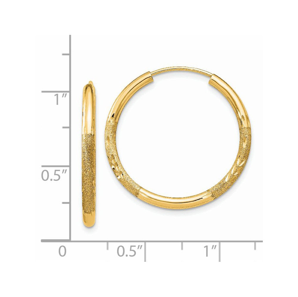 Alternate view of the 2mm x 25mm 14k Yellow Gold Satin Diamond-Cut Endless Hoop Earrings by The Black Bow Jewelry Co.