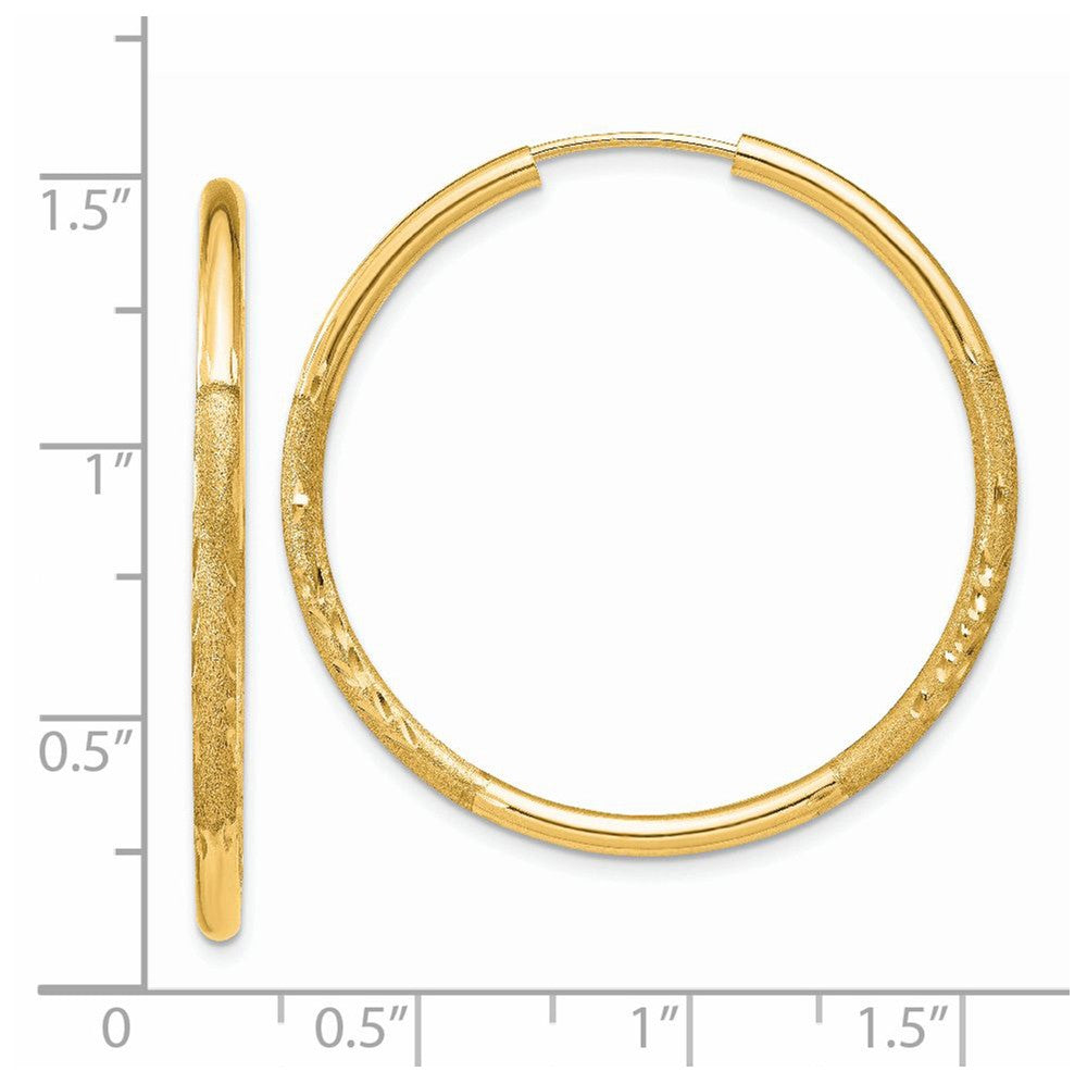 Alternate view of the 2mm x 34mm 14k Yellow Gold Satin Diamond-Cut Endless Hoop Earrings by The Black Bow Jewelry Co.