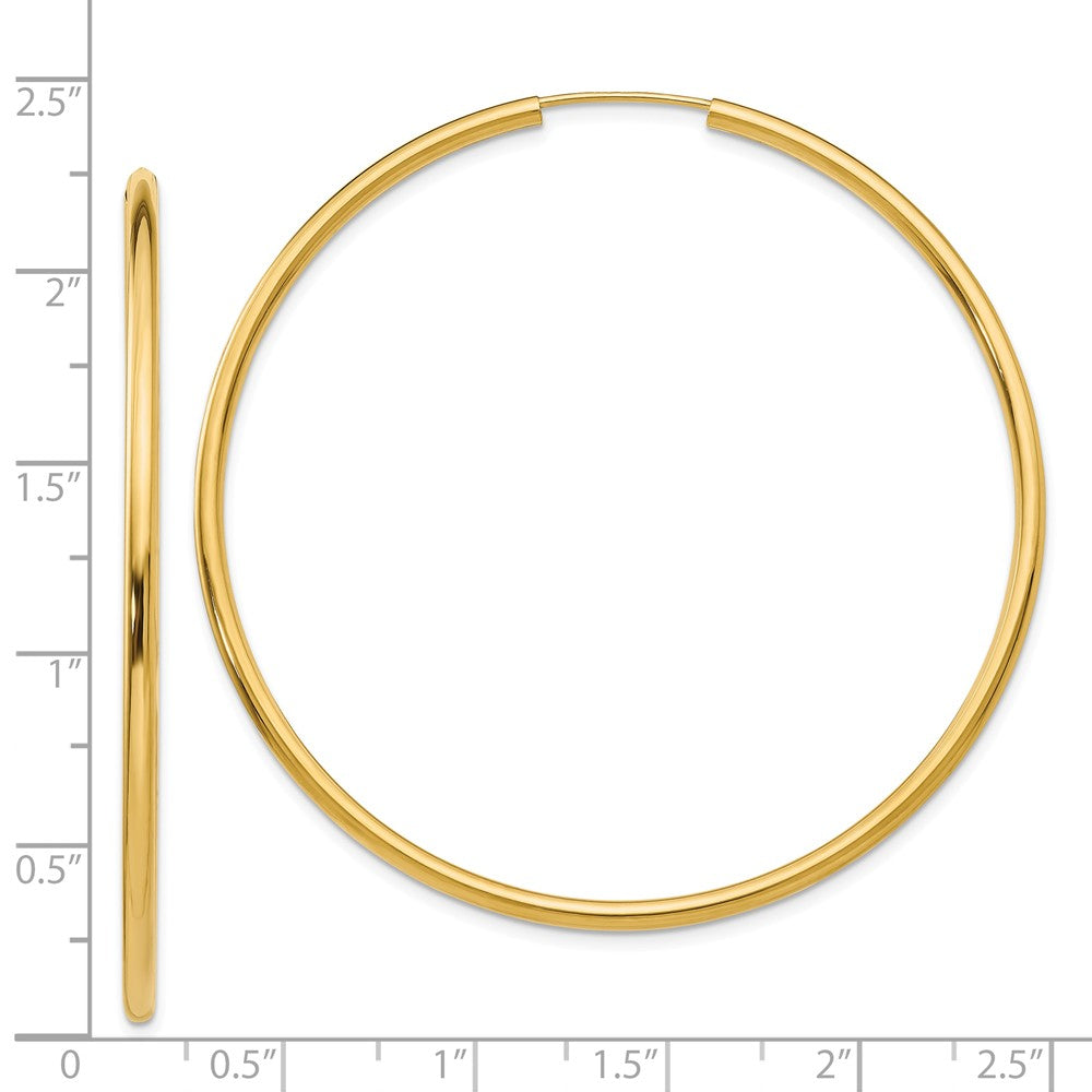 Alternate view of the 2mm x 55mm 14k Yellow Gold Polished Round Endless Hoop Earrings by The Black Bow Jewelry Co.
