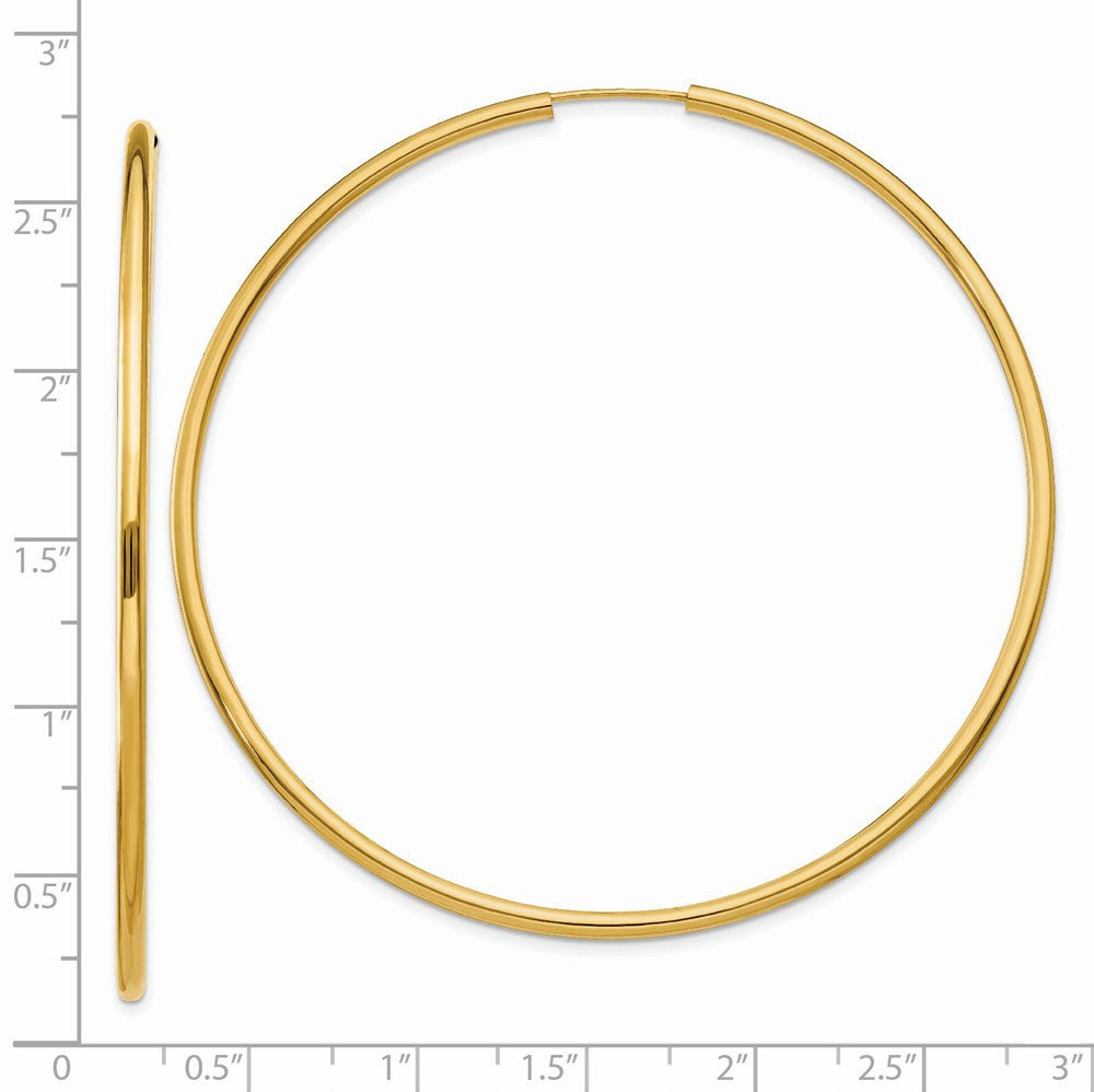 Alternate view of the 2mm x 65mm 14k Yellow Gold Polished Round Endless Hoop Earrings by The Black Bow Jewelry Co.