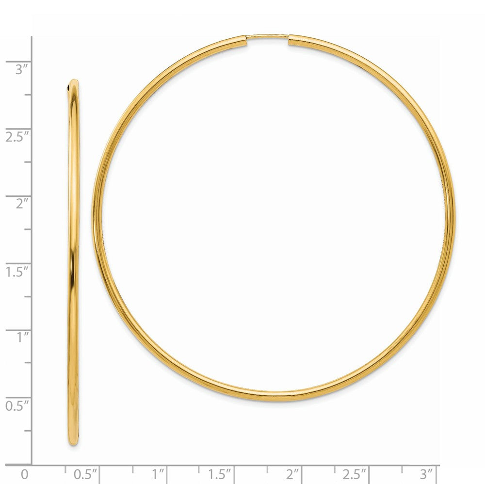 Alternate view of the 2mm x 75mm 14k Yellow Gold Polished Endless Tube Hoop Earrings by The Black Bow Jewelry Co.