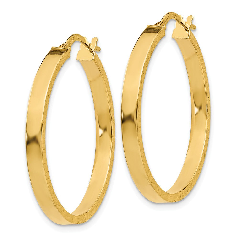 Alternate view of the 3mm x 30mm 14k Yellow Gold Polished &amp; D/C Edge Round Hoop Earrings by The Black Bow Jewelry Co.
