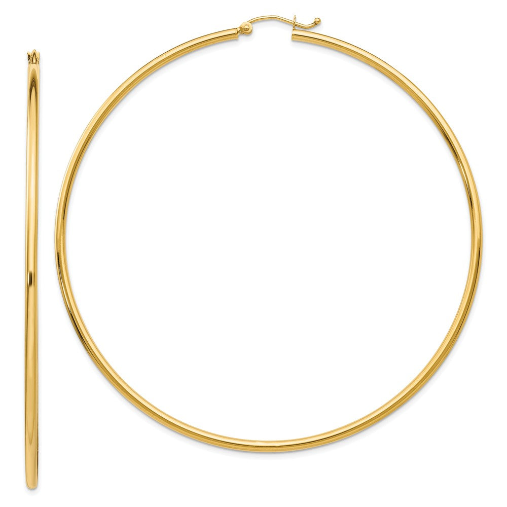 2mm x 75mm 14k Yellow Gold Polished Tube Round Hoop Earrings, Item E13243 by The Black Bow Jewelry Co.