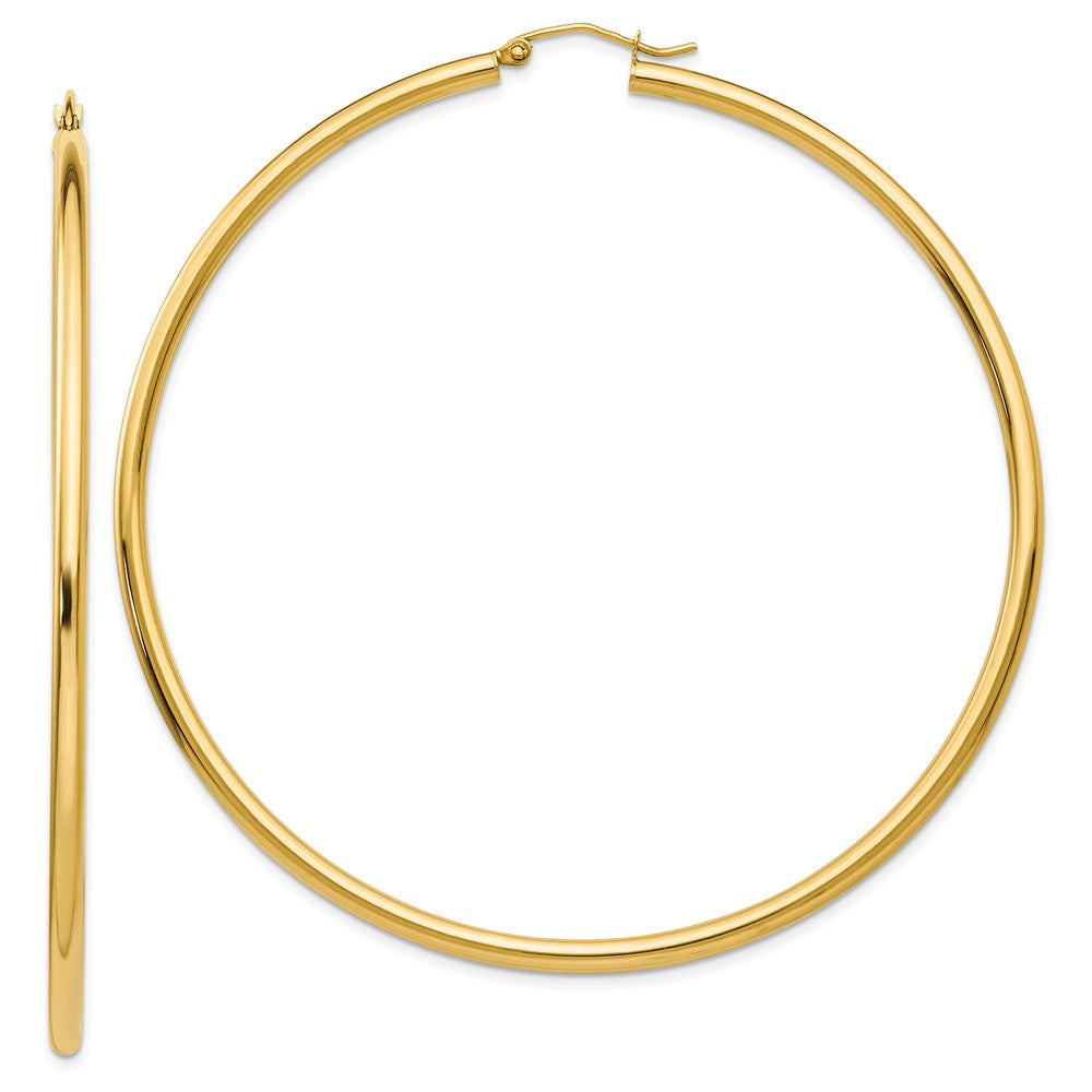 2.25mm x 70mm 14k Yellow Gold Polished Round Hoop Earrings, Item E13244 by The Black Bow Jewelry Co.