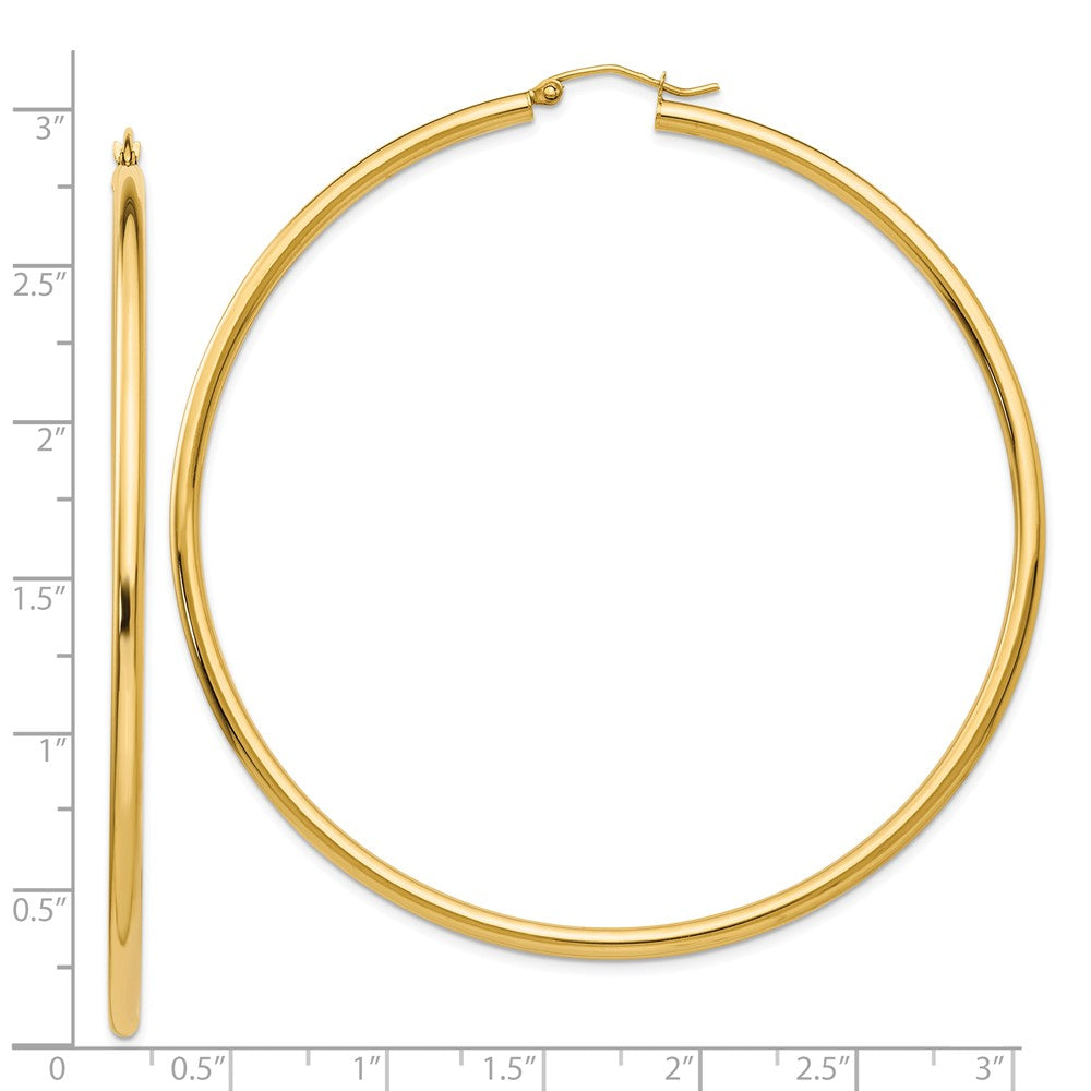 Alternate view of the 2.25mm x 70mm 14k Yellow Gold Polished Round Hoop Earrings by The Black Bow Jewelry Co.