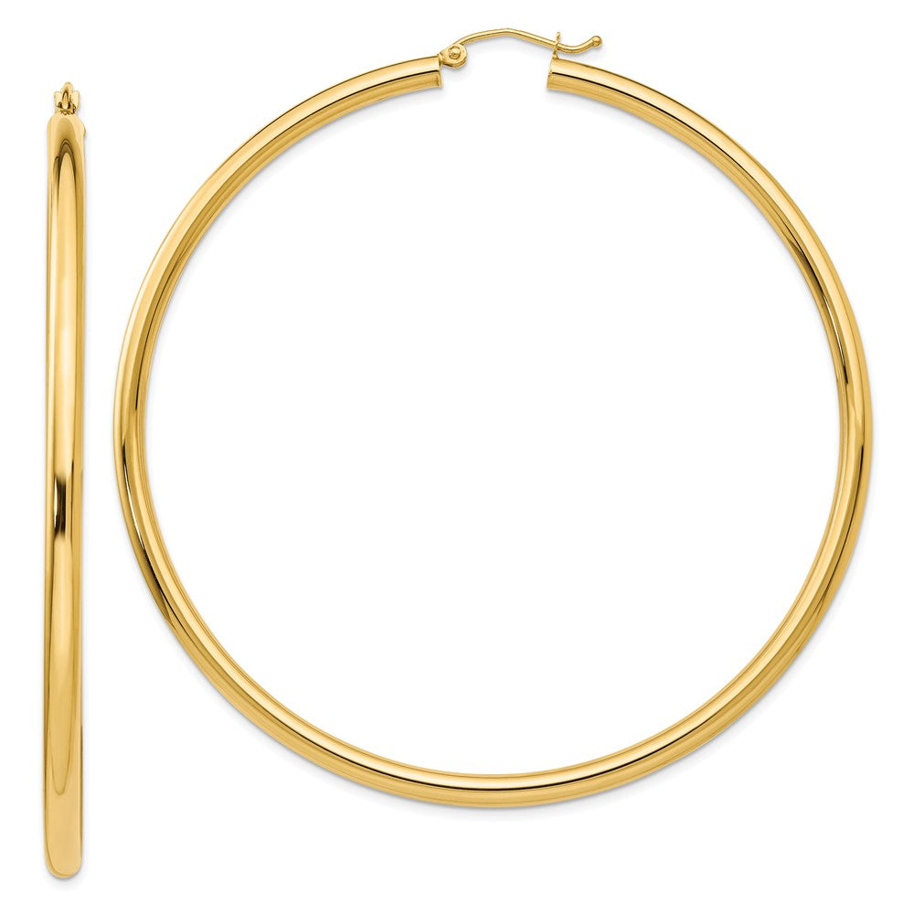 3mm x 70mm 14k Yellow Gold Polished Round Hoop Earrings, Item E13245 by The Black Bow Jewelry Co.