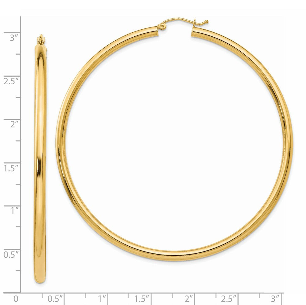 Alternate view of the 3mm x 70mm 14k Yellow Gold Polished Round Hoop Earrings by The Black Bow Jewelry Co.