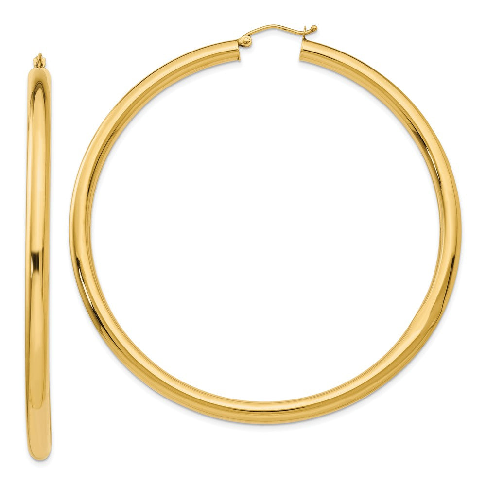 4mm x 70mm 14k Yellow Gold Polished Round Hoop Earrings, Item E13246 by The Black Bow Jewelry Co.