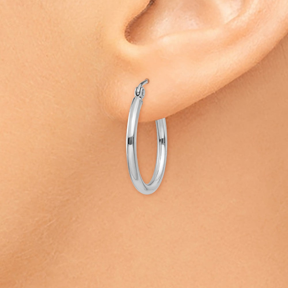 Alternate view of the 2mm x 20mm 14k White Gold Classic Round Hoop Earrings by The Black Bow Jewelry Co.
