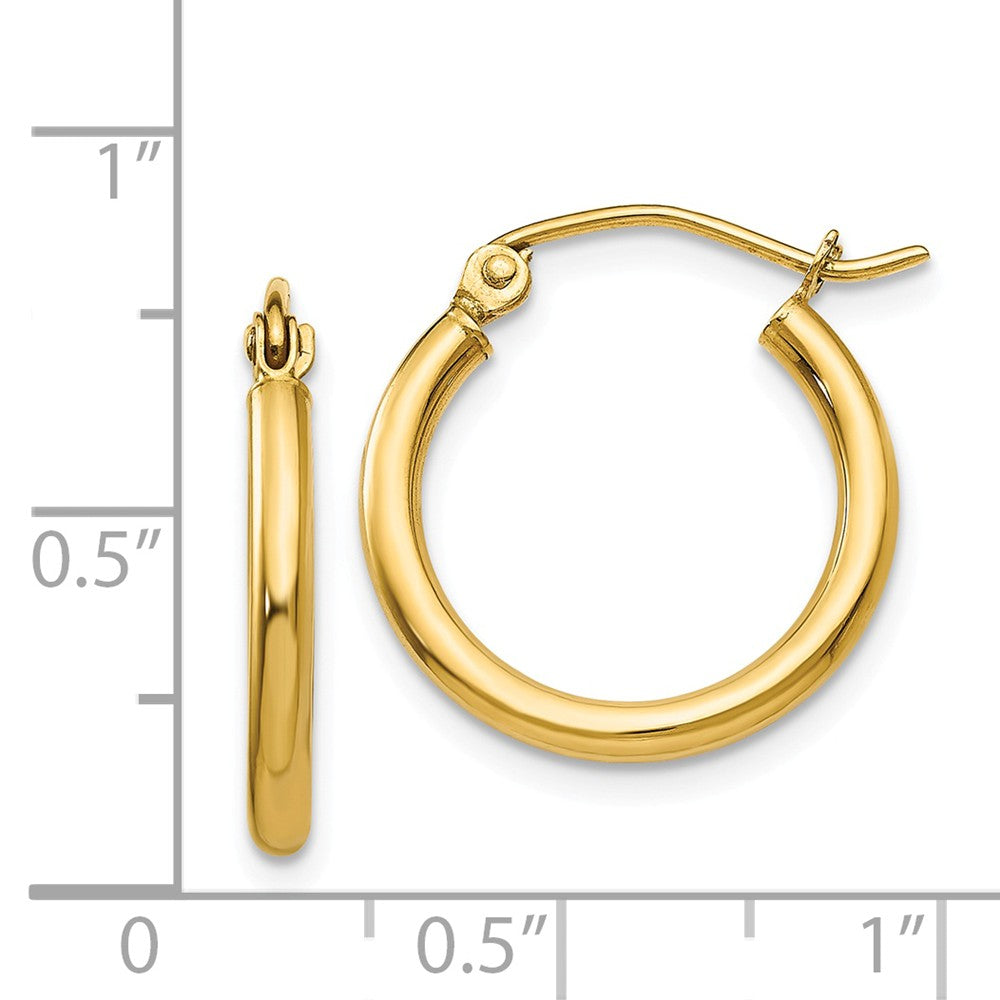 Alternate view of the 2mm x 17mm 14k Yellow Gold Classic Round Hoop Earrings by The Black Bow Jewelry Co.