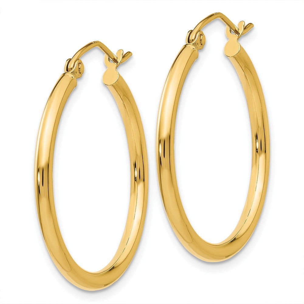 Alternate view of the 2mm x 25mm 14k Yellow Gold Classic Round Hoop Earrings by The Black Bow Jewelry Co.