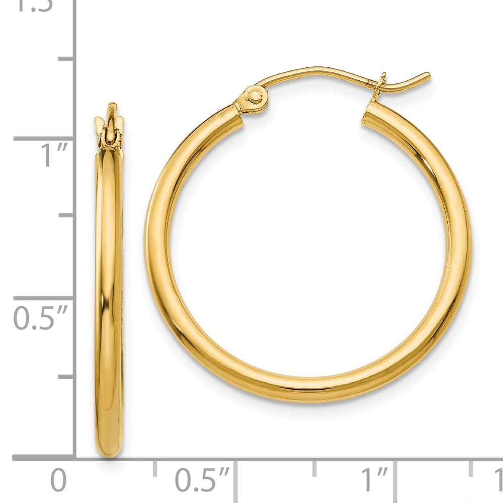 Alternate view of the 2mm x 25mm 14k Yellow Gold Classic Round Hoop Earrings by The Black Bow Jewelry Co.