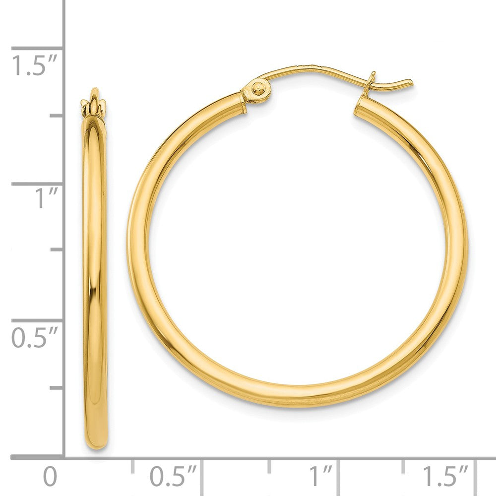 Alternate view of the 2mm x 30mm 14k Yellow Gold Classic Round Hoop Earrings by The Black Bow Jewelry Co.