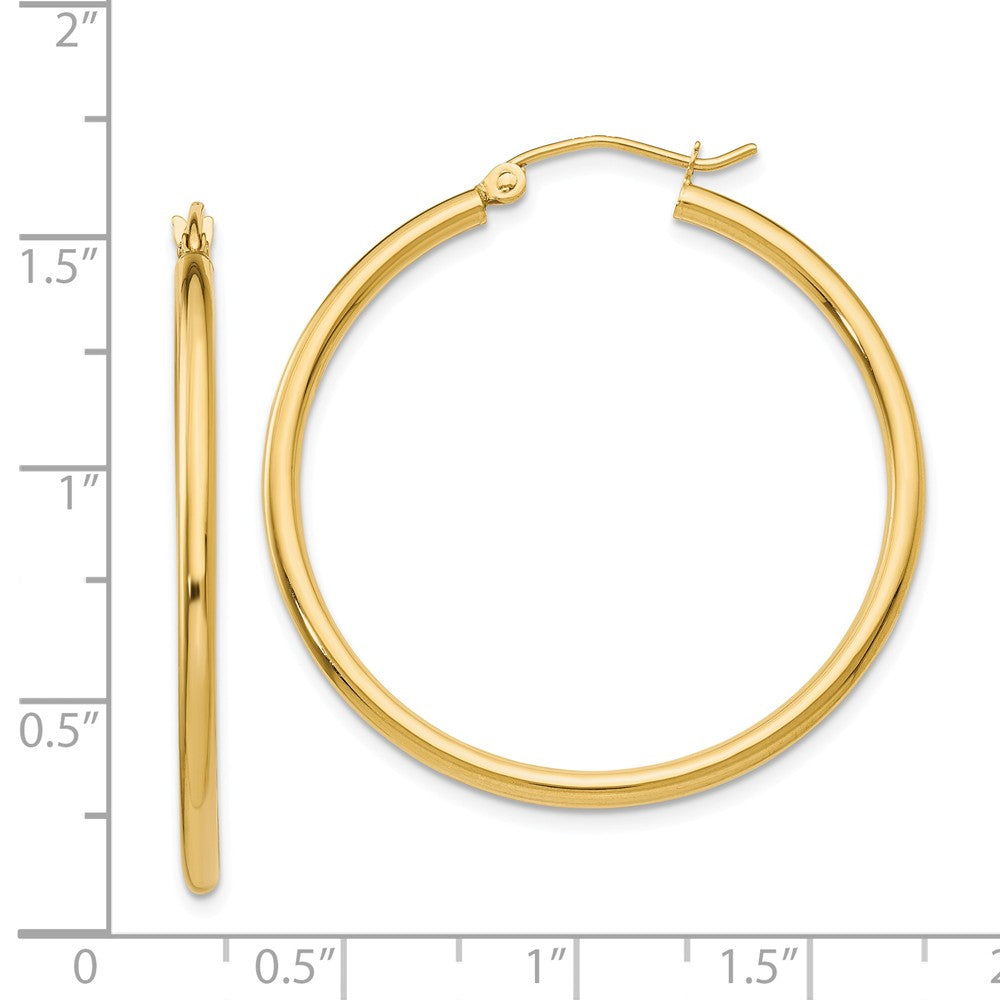 Alternate view of the 2mm x 35mm 14k Yellow Gold Classic Round Hoop Earrings by The Black Bow Jewelry Co.
