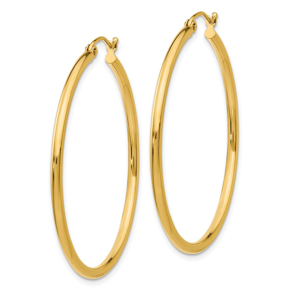 Alternate view of the 2mm x 40mm 14k Yellow Gold Classic Round Hoop Earrings by The Black Bow Jewelry Co.