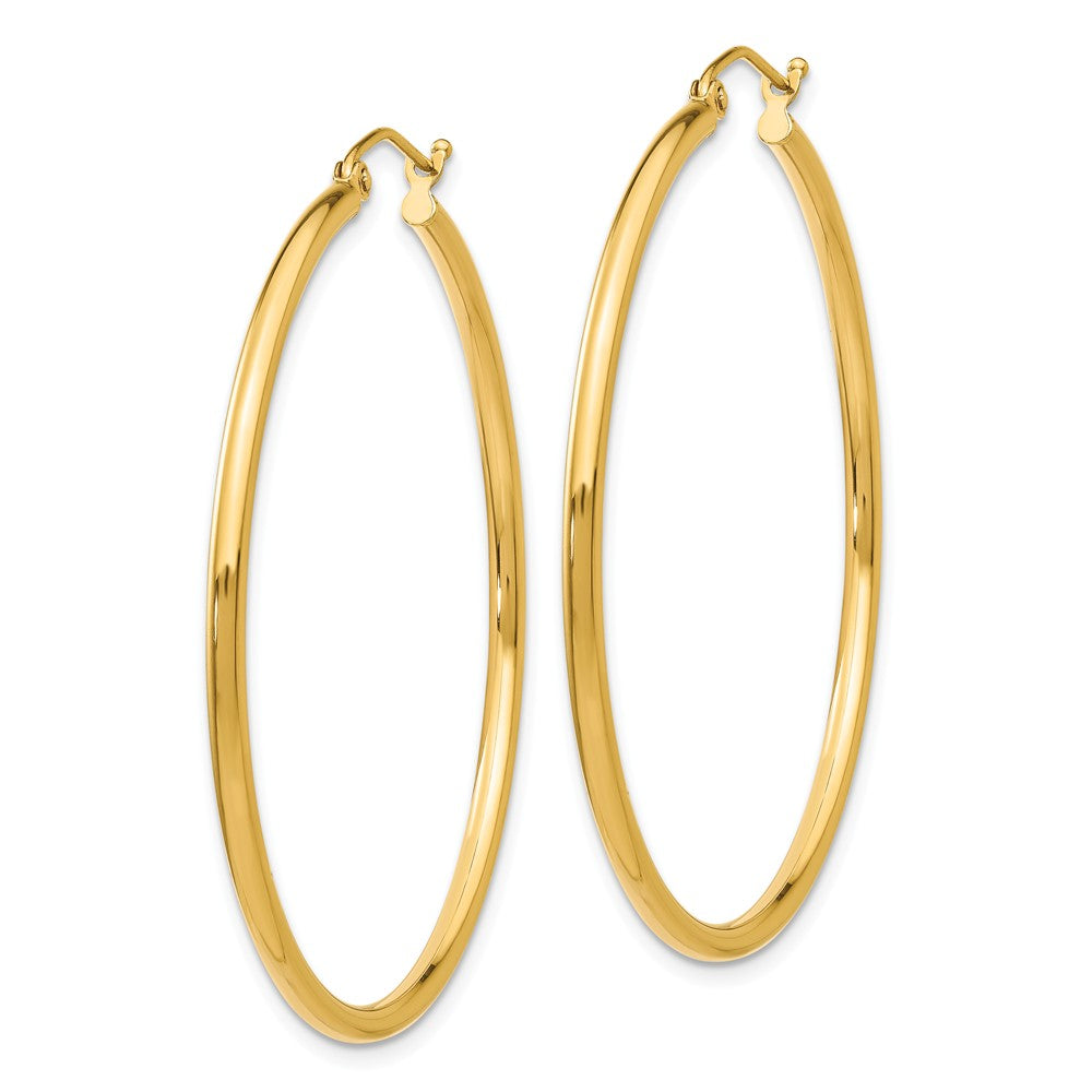 Alternate view of the 2mm x 45mm 14k Yellow Gold Classic Round Hoop Earrings by The Black Bow Jewelry Co.