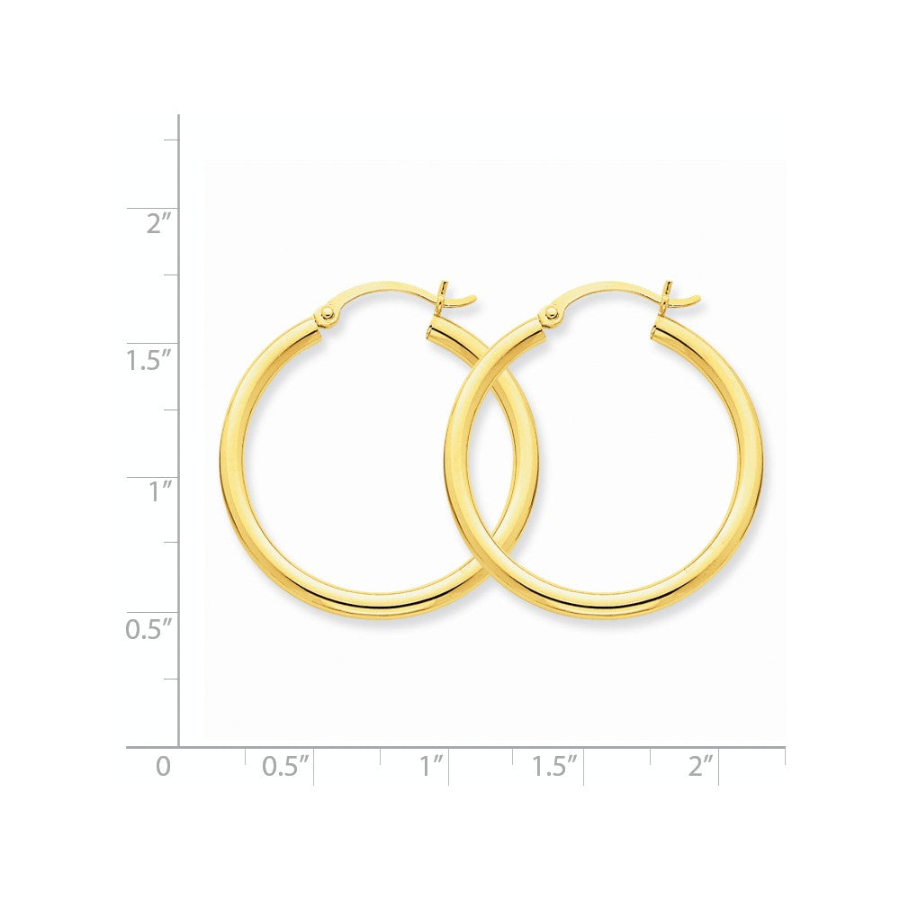 Alternate view of the 2.5mm x 30mm 14k Yellow Gold Classic Round Hoop Earrings by The Black Bow Jewelry Co.
