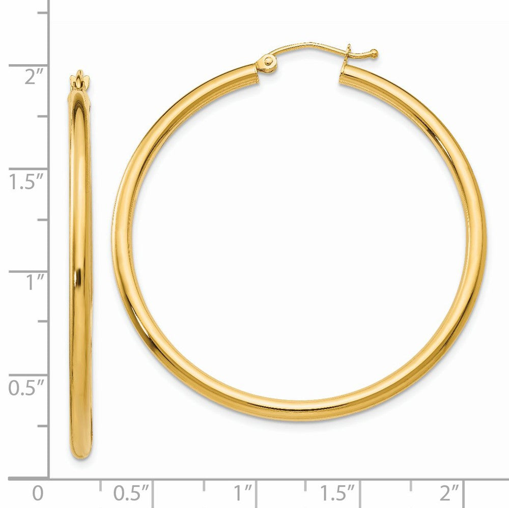 Alternate view of the 2.5mm x 45mm 14k Yellow Gold Classic Round Hoop Earrings by The Black Bow Jewelry Co.