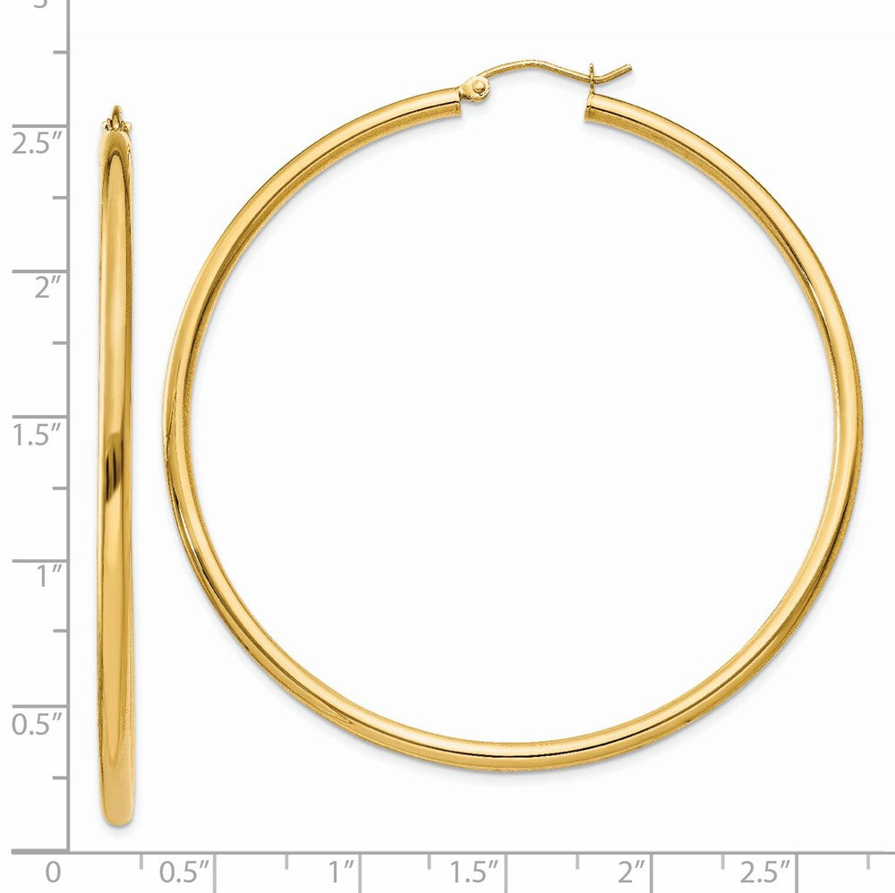 Alternate view of the 2.5mm x 60mm 14k Yellow Gold Classic Round Hoop Earrings by The Black Bow Jewelry Co.
