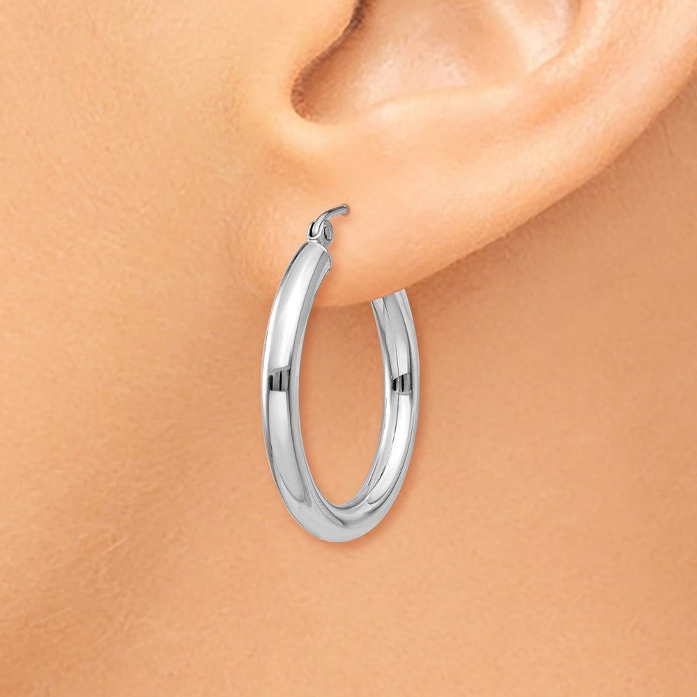 Alternate view of the 3mm x 25mm 14k White Gold Classic Round Hoop Earrings by The Black Bow Jewelry Co.