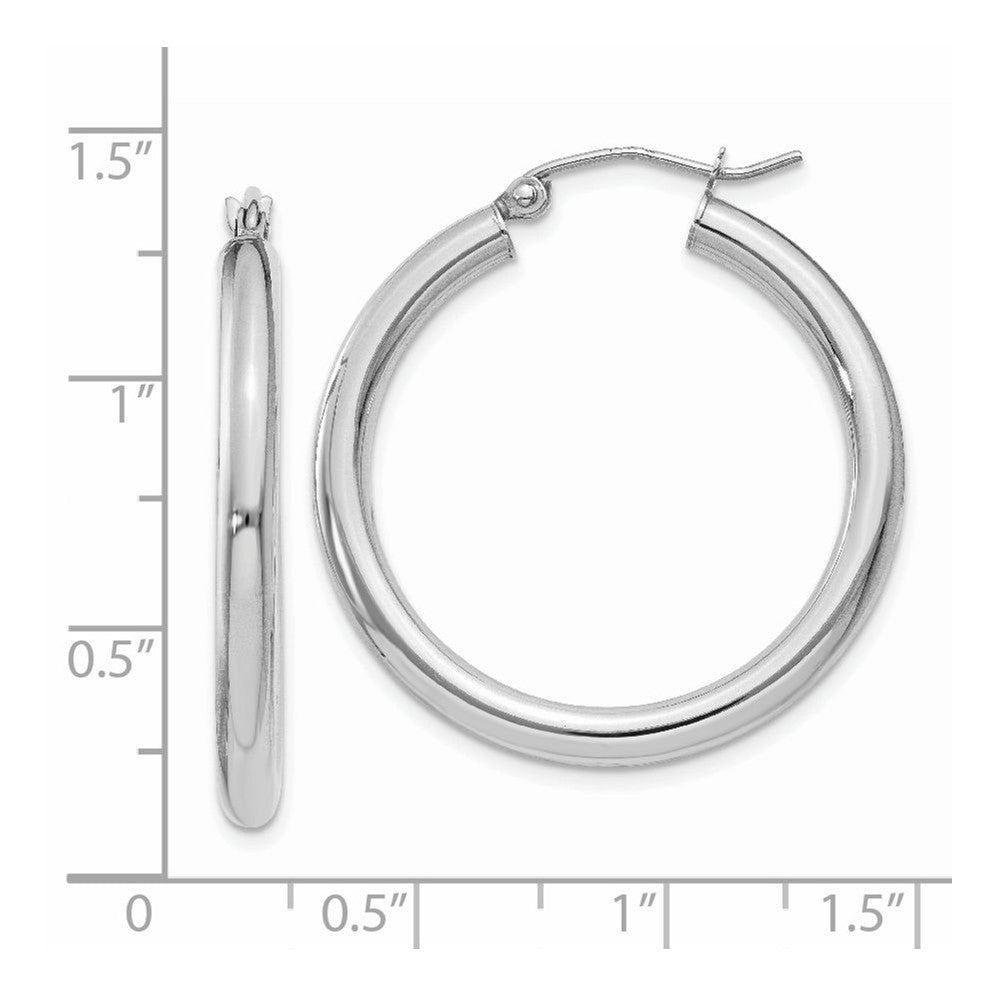 Alternate view of the 3mm x 30mm 14k White Gold Classic Round Hoop Earrings by The Black Bow Jewelry Co.