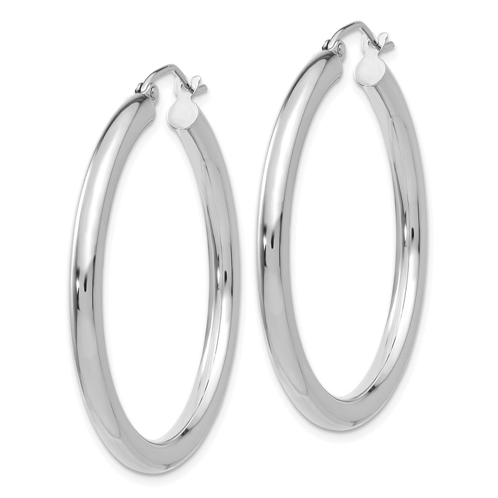 Alternate view of the 3mm x 35mm 14k White Gold Classic Round Hoop Earrings by The Black Bow Jewelry Co.