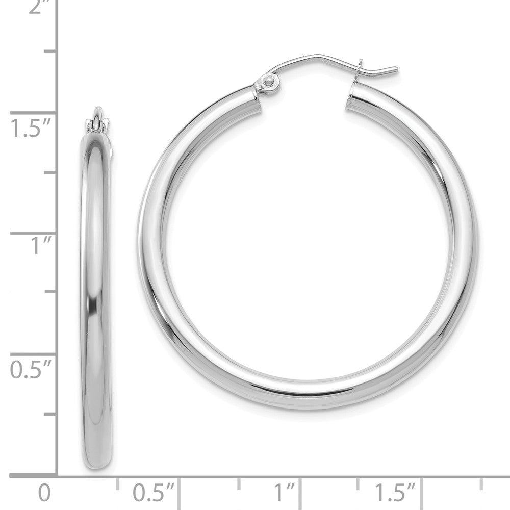 Alternate view of the 3mm x 35mm 14k White Gold Classic Round Hoop Earrings by The Black Bow Jewelry Co.