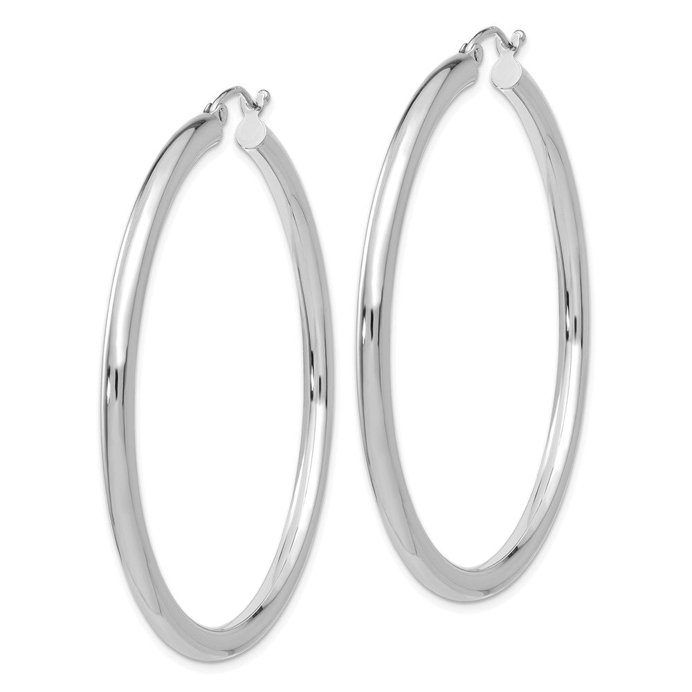 Alternate view of the 3mm x 50mm 14k White Gold Classic Round Hoop Earrings by The Black Bow Jewelry Co.