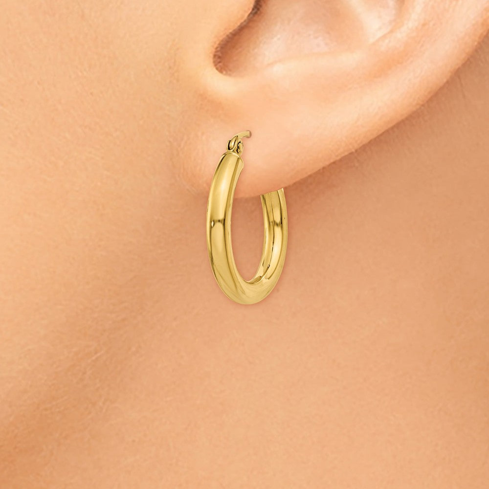 Alternate view of the 3mm x 20mm 14k Yellow Gold Classic Round Hoop Earrings by The Black Bow Jewelry Co.