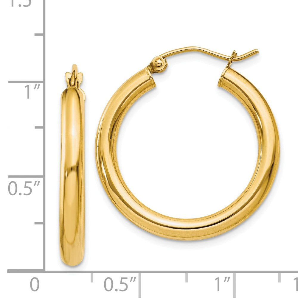 Alternate view of the 3mm x 25mm 14k Yellow Gold Classic Round Hoop Earrings by The Black Bow Jewelry Co.