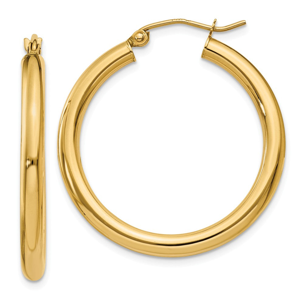 3mm x 30mm 14k Yellow Gold Classic Round Hoop Earrings, Item E13309 by The Black Bow Jewelry Co.