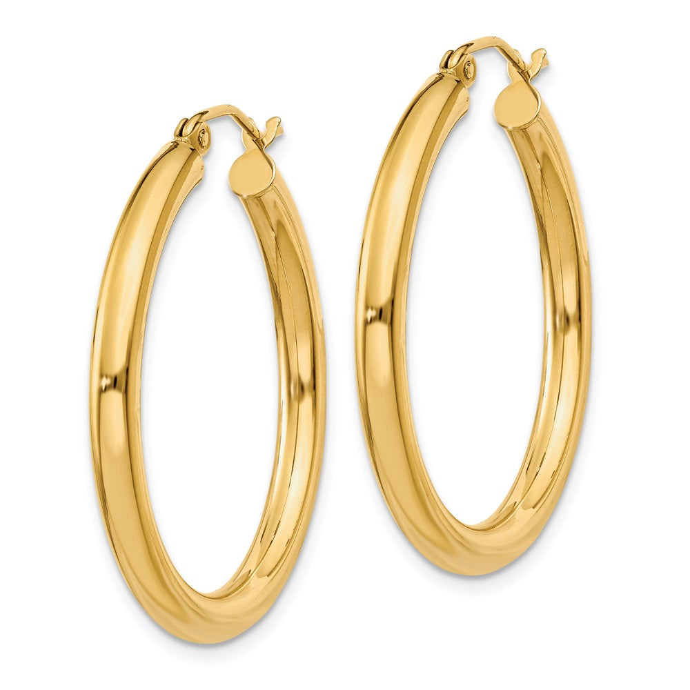 Alternate view of the 3mm x 30mm 14k Yellow Gold Classic Round Hoop Earrings by The Black Bow Jewelry Co.