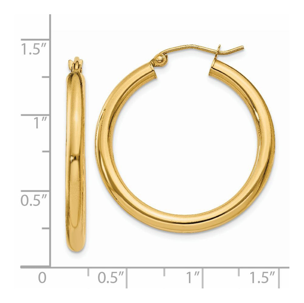 Alternate view of the 3mm x 30mm 14k Yellow Gold Classic Round Hoop Earrings by The Black Bow Jewelry Co.