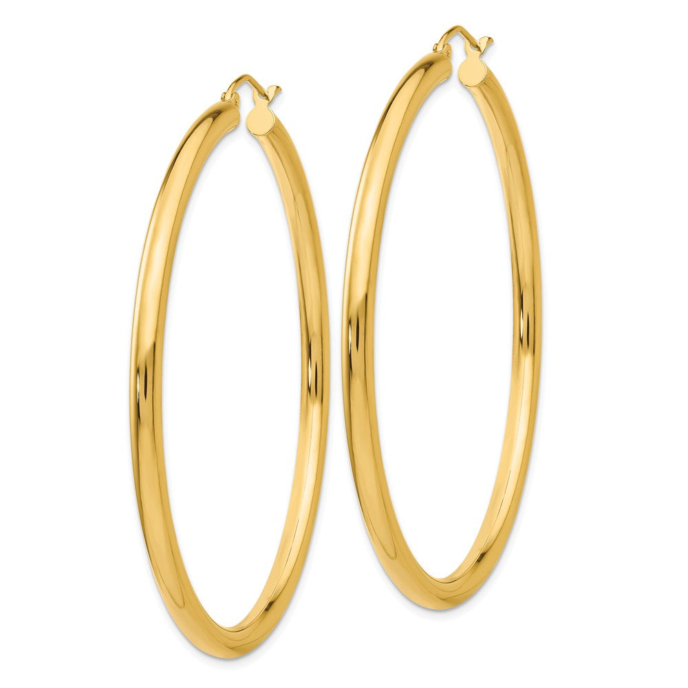 Alternate view of the 3mm x 55mm 14k Yellow Gold Classic Round Hoop Earrings by The Black Bow Jewelry Co.
