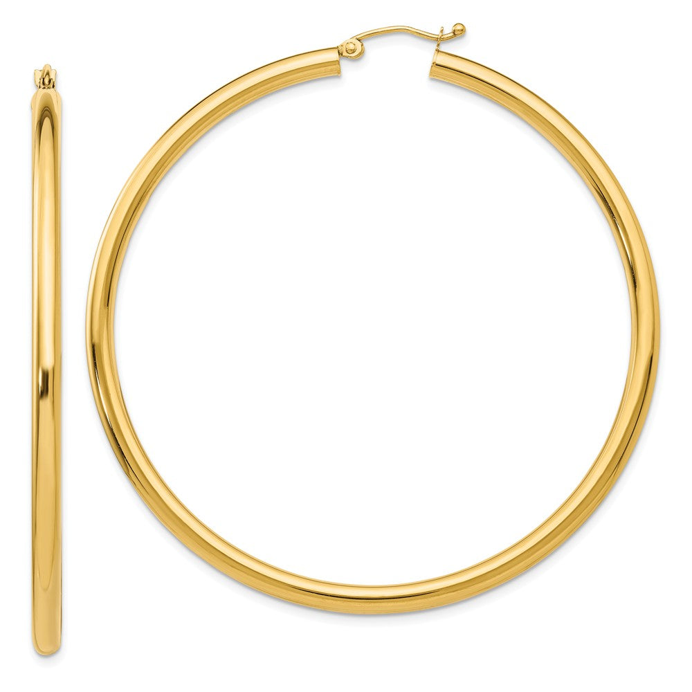 3mm x 60mm 14k Yellow Gold Classic Round Hoop Earrings, Item E13315 by The Black Bow Jewelry Co.