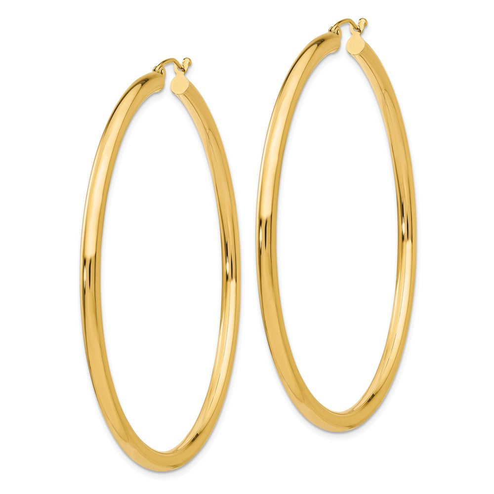 Alternate view of the 3mm x 60mm 14k Yellow Gold Classic Round Hoop Earrings by The Black Bow Jewelry Co.