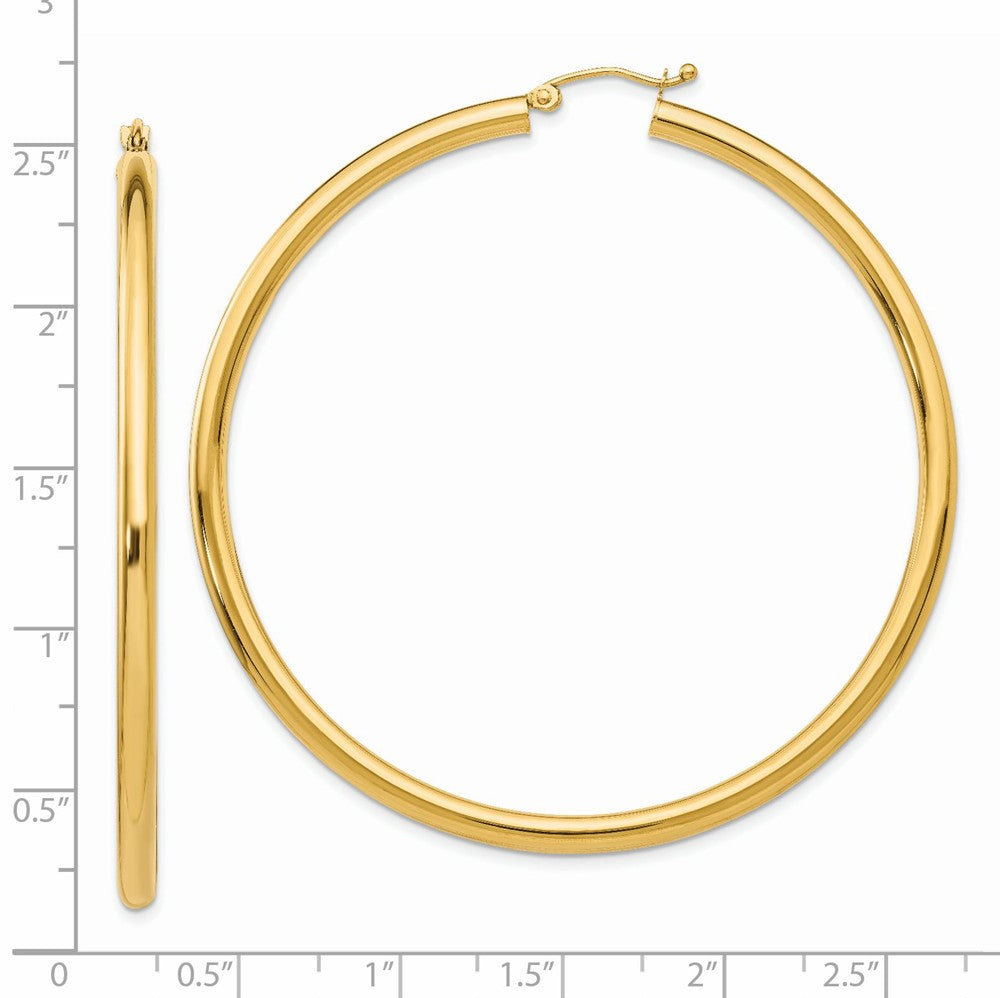Alternate view of the 3mm x 60mm 14k Yellow Gold Classic Round Hoop Earrings by The Black Bow Jewelry Co.