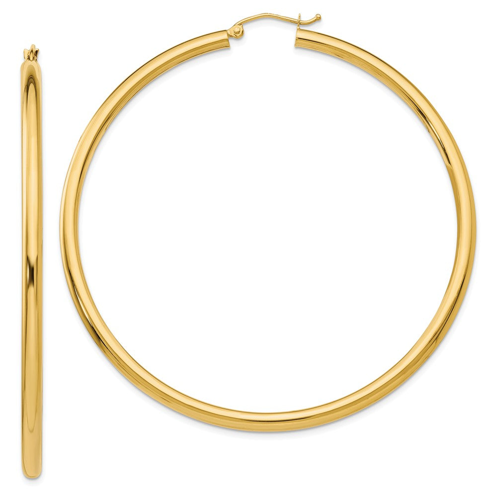 3mm x 65mm 14k Yellow Gold Classic Round Hoop Earrings, Item E13316 by The Black Bow Jewelry Co.