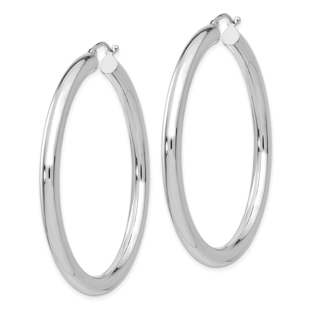 Alternate view of the 4mm x 50mm 14k White Gold Classic Round Hoop Earrings by The Black Bow Jewelry Co.