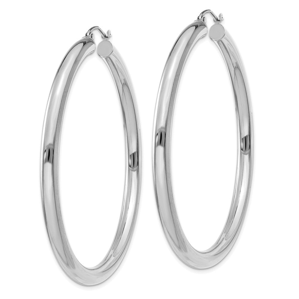 Alternate view of the 4mm x 55mm 14k White Gold Classic Round Hoop Earrings by The Black Bow Jewelry Co.