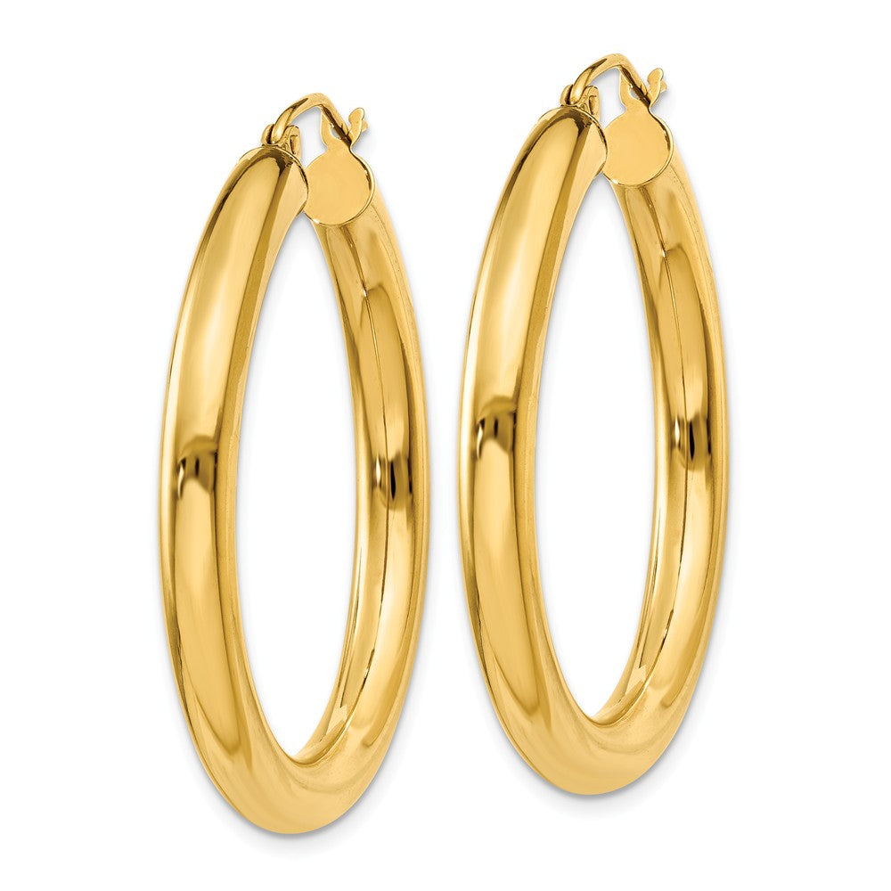 Alternate view of the 4mm x 35mm 14k Yellow Gold Classic Round Hoop Earrings by The Black Bow Jewelry Co.